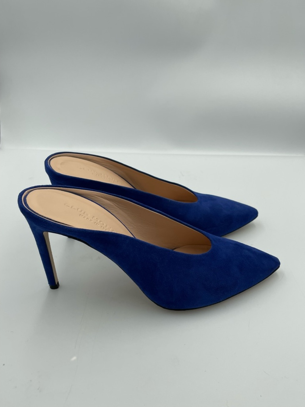 Club Monaco Blue Suede Mule Heels Pointed Toe Stiletto Slip On Pumps Size 38 - Picture 4 of 8